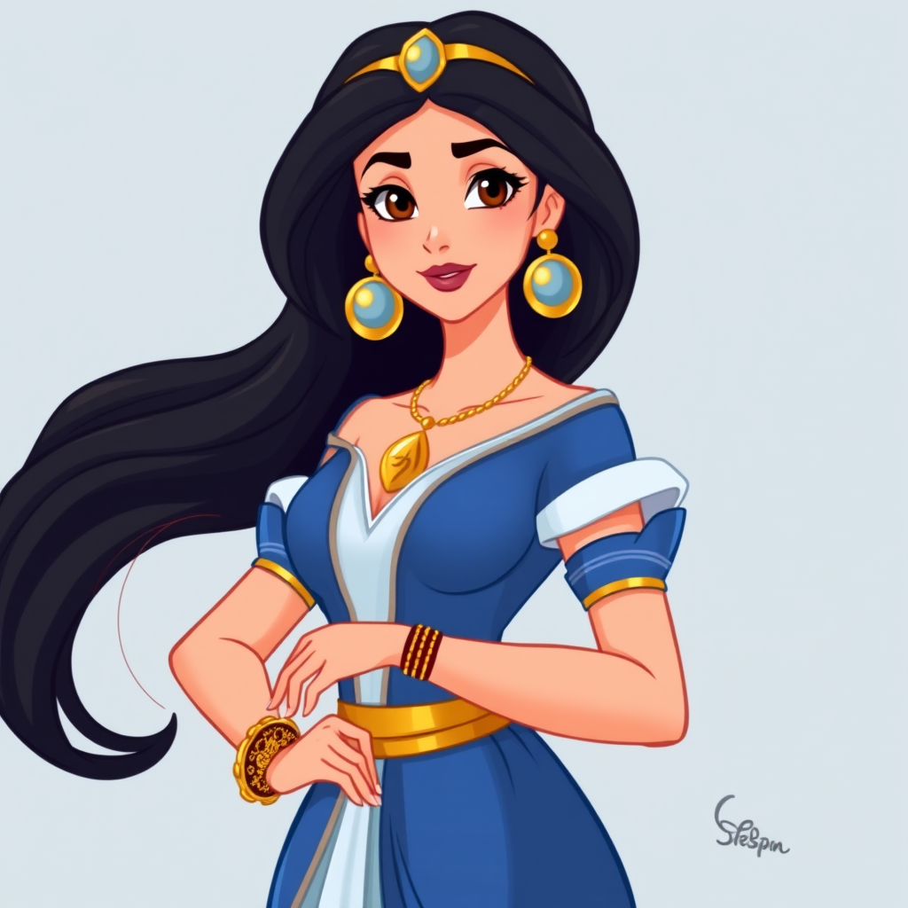 Create an illustration of an animated princess jasmine of aladdin with long dark hair, wearing a detailed flowing blue outfit and gold accessories. She stands confidently, exuding charm and grace.