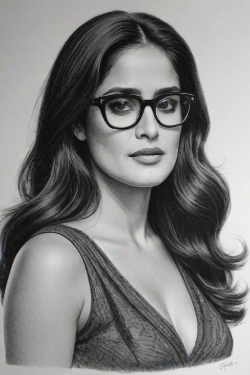 Magnificent Salma Hayek, pencil sketch, portrait of Sublime woman 1954s in glasses, hair style beatnik, outline, clear lines, fine lines, 8k