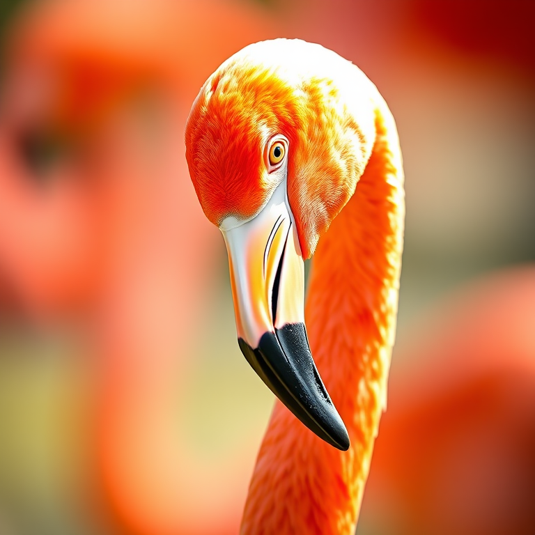 Create a detailed vector illustration of a flamingo's head with vibrant orange and pink colors, using a shallow depth of field for emphasis, shot with a DSLR camera at f/2.8, ISO 100, and a focal length of 50mm, capturing the subject in natural light for enhanced details and clarity.