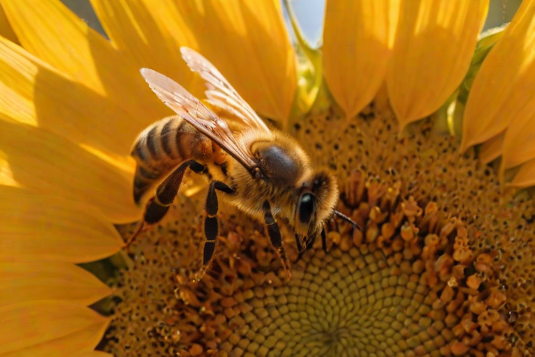 Softly lit, close-up shot of a honeybee collecting pollen from a vibrant sunflower, tiny pollen grains visible on its wings, with the golden petals illuminated by late afternoon sunlight.