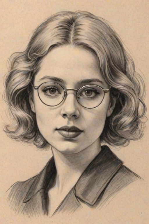 Captivating Allie Grant, pencil sketch, portrait of Captivating woman 1928s in glasses, hair style beatnik, outline, clear lines, fine lines, 8k