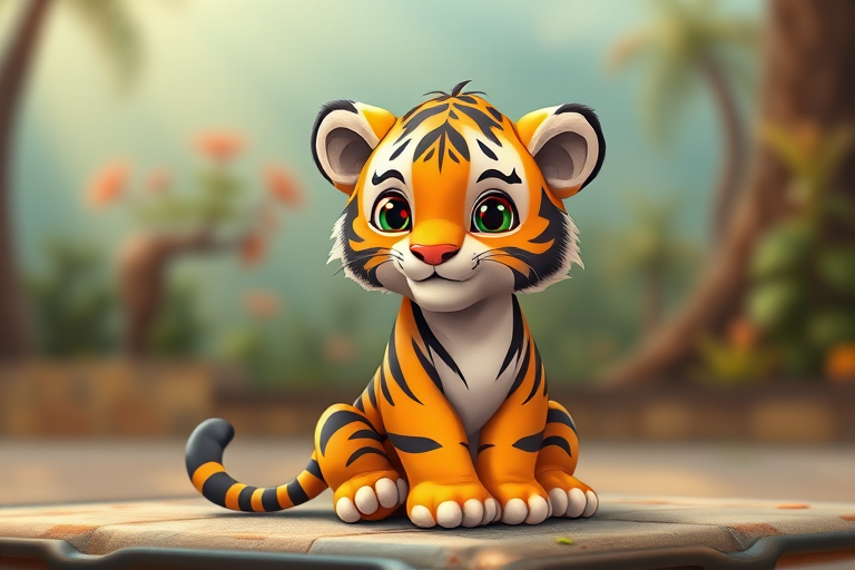 Generate a high-resolution image of a cute cartoon tiger sitting, use a Canon EOS 5D Mark IV with a 50mm f/1.8 lens, aperture set to f/2.8, ISO 200, and a soft focus background to enhance the tiger's features and colors.