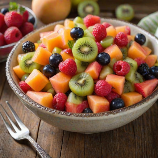 Close-up of a bowl of colorful fruit salad, soft light highlighting the glistening berries and melon, with a fork resting on the edge of the bowl on a rustic table.