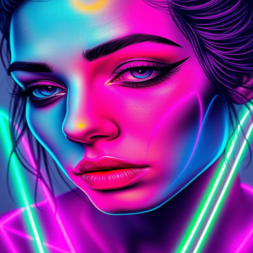 Vivid neon color realism tattoo named "Electric Dreams" depicting a hyper-realistic portrait infused with striking streaks of fluorescent pink blue and green creating a surreal cyberpunk aesthetic ultra-fine detail in the facial features contrasts with bold neon elements that seem to glow against the skin