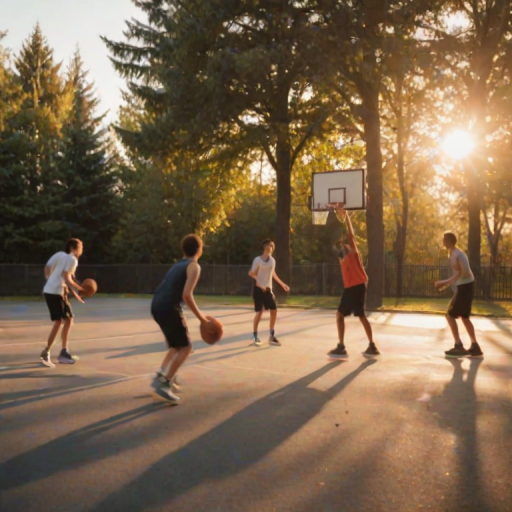 Blurry candid shot of a group of teenagers playing basketball on an outdoor court at sunset, soft golden light casting long shadows on the asphalt, with a basketball hoop and trees barely visible in the background.
