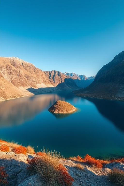 Create an image of a serene landscape featuring a tranquil lake surrounded by mountains under a clear blue sky, captured with a Canon EOS R5, 24mm lens, f/8 aperture, 1/125s shutter speed, ISO 100, wide-angle view, in vibrant colors and high dynamic range.