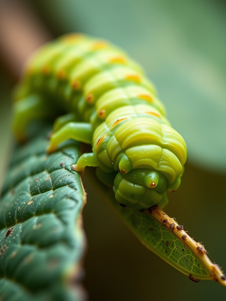 Create a highly detailed macro photograph of a vibrant green caterpillar resting on a leaf, using a DSLR camera with a 100mm macro lens, f/2.8 aperture, ISO 200, shutter speed 1/250s, natural soft lighting for enhanced texture and contrast.
