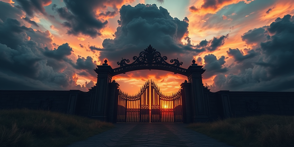 fantasy landscape with a grand dark gate leading to a fiery sunset, ominous clouds overhead, high detail, dramatic lighting, wide-angle lens, ISO 100, f/8, 1/200s, DSLR camera, cinematic style
