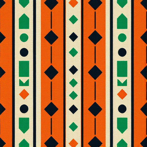 Generate a vibrant textile pattern featuring vertical stripes with geometric shapes including triangles and circles in orange, green, and black, using a DSLR camera with a 50mm lens, aperture f/8, ISO 100, and a top-down view for optimal clarity.