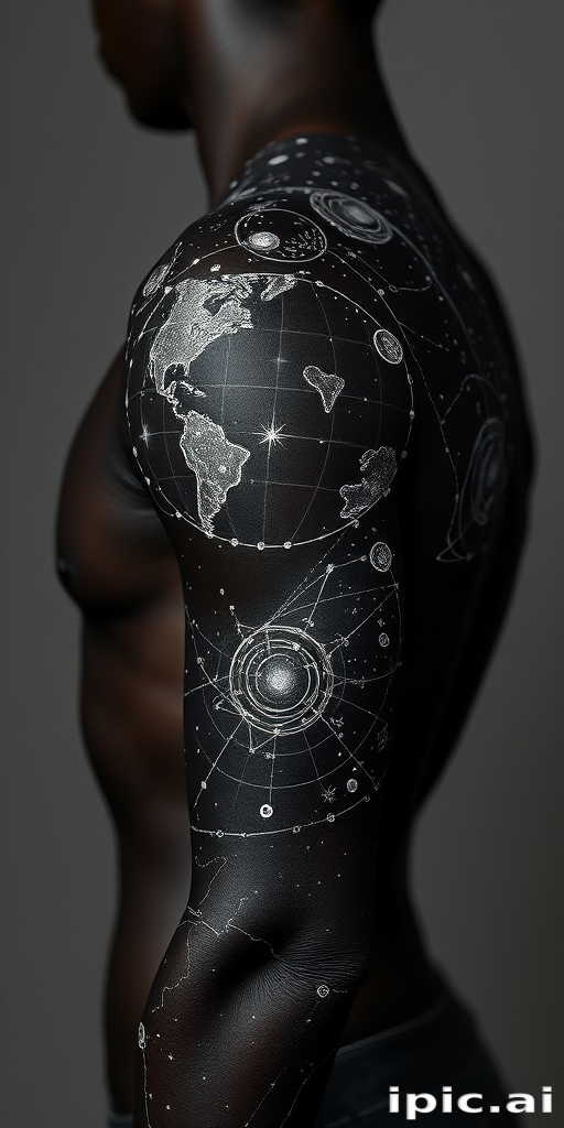 Ethereal body tattoo of constellation maps and celestial bodies spanning across the shoulders and upper arms, rendered in shimmering white ink on dark skin
