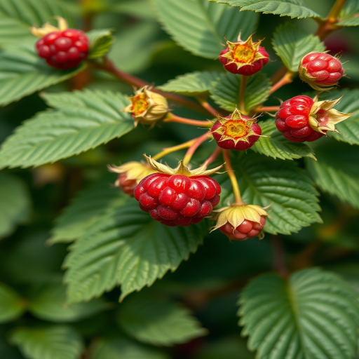 generate a high-resolution illustration of a raspberry plant with ripe and unripe berries, focus on detailed leaf textures and bright colors, use a Canon EOS R with a 50mm f/1.8 lens, aperture set to f/4 for depth of field, natural lighting for enhanced vibrancy, and a slight soft bokeh effect in the background