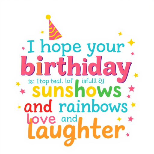 Create a bright and cheerful birthday greeting card design featuring playful typography with the message I hope your birthday is full of sunshine and rainbows and love and laughter. Use a variety of colors and fonts to highlight each word, incorporating festive elements like a birthday hat and decorative symbols such as stars and hearts against a light pastel background.