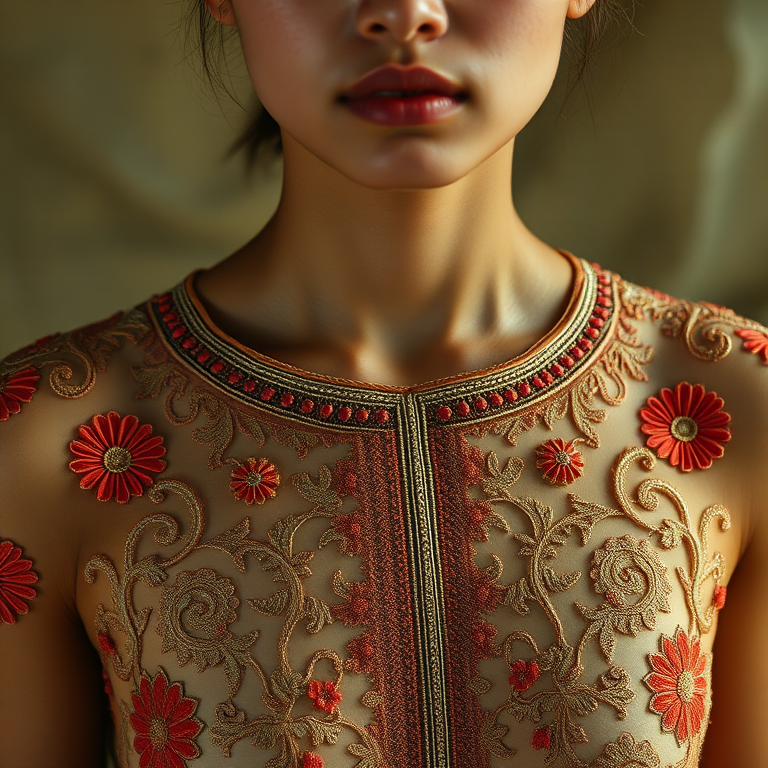 Face, shoulders, chest covered in openwork Cambodian embroidery. Raw, unedited image.
