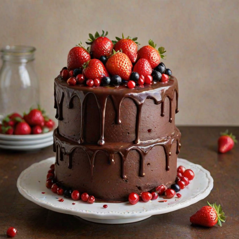 Create an elegant three-tiered chocolate cake adorned with fresh strawberries and red currants, featuring smooth chocolate frosting and a subtle shimmer, set against a soft, neutral background.