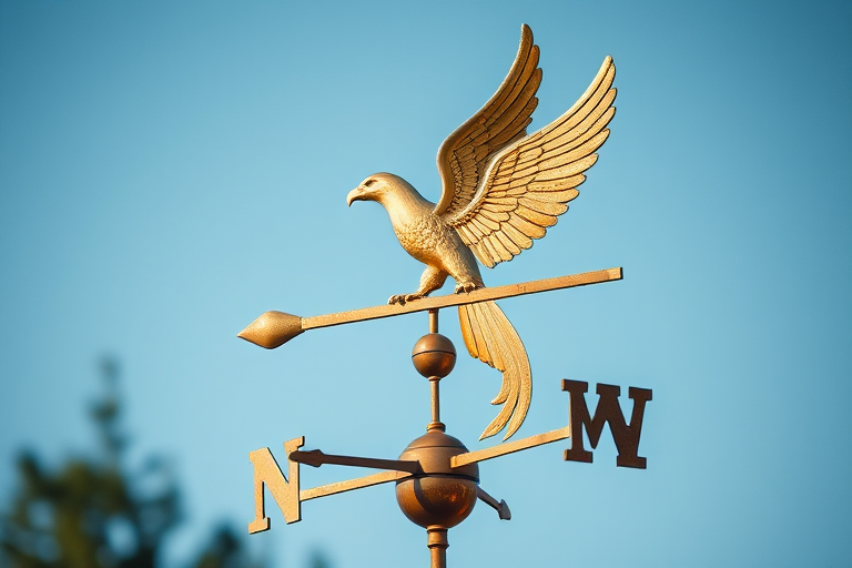 Create a high-resolution image of a vintage weather vane featuring a golden eagle design, captured with a DSLR camera at f/8 aperture, 50mm lens, ISO 100, in natural light from a side angle.