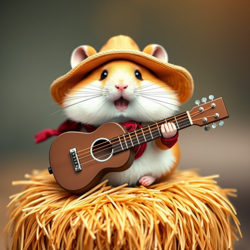 A chibi hamster, dressed as a cowboy, playing guitar, sitting on a hay bale