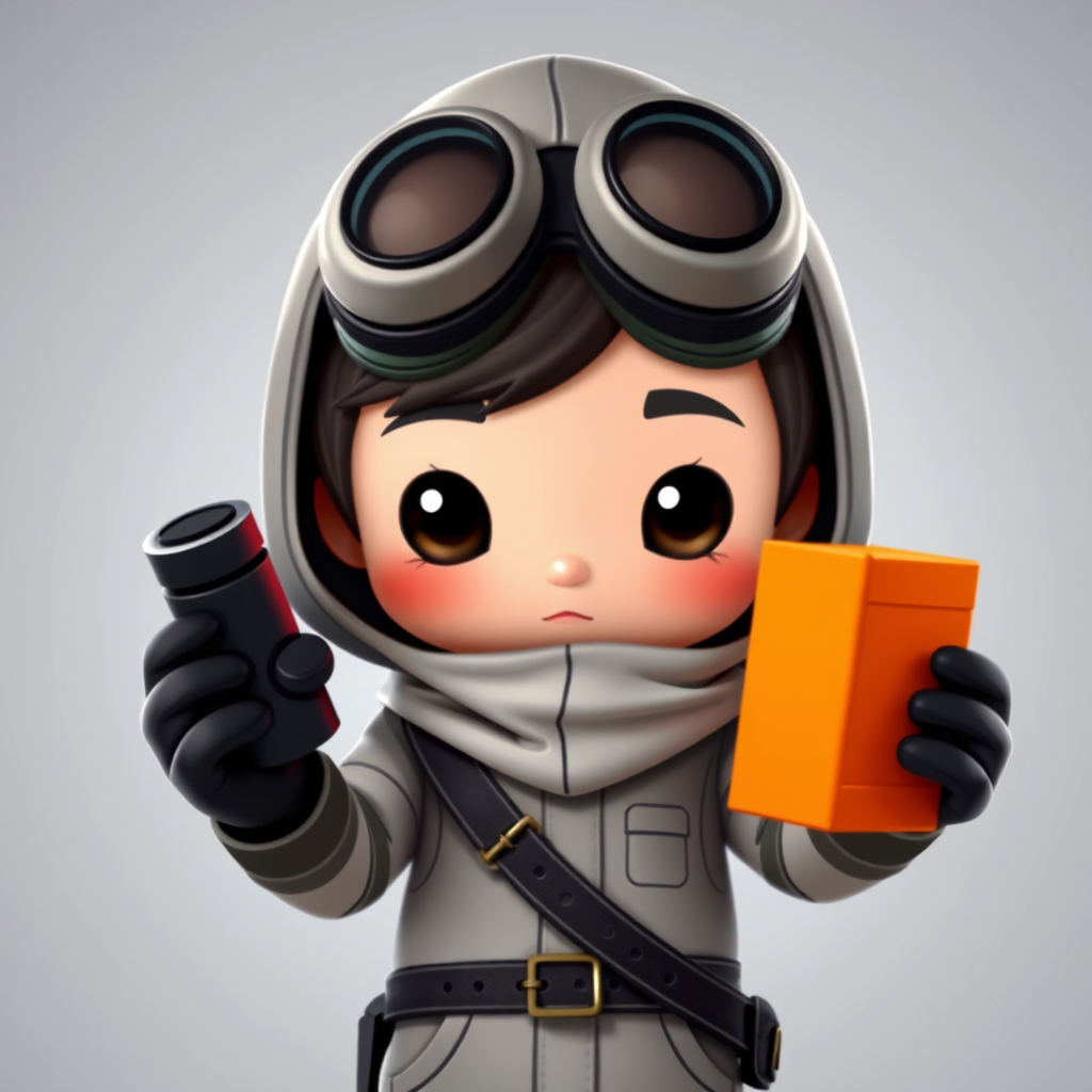 Create a cartoon character wearing a hooded outfit with large goggles, holding a black object in one hand and an orange box in the other, shot with a DSLR camera at f/8, ISO 100, 50mm lens, with a soft focus background to enhance the image quality.