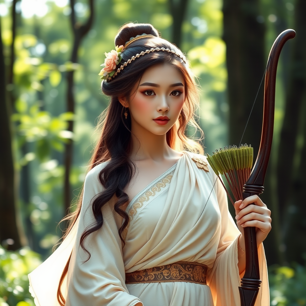 Create a portrait of a goddess-like Chinese girl figure in a tranquil, forested environment. She has an elegant appearance with long, wavy hair styled in an updo and adorned with a delicate, floral headband. She wears a flowing, ancient Greek-inspired gown in a soft, pale color, featuring a one-shoulder design and draped fabric that accentuates her graceful form. The outfit includes a decorative belt with ornate gold detailing, and she holds a bow in her hand, with a quiver of arrows slung over her shoulder. The background depicts lush greenery, with sunlight filtering through the trees, casting a gentle, ethereal light on the scene. Her expression is calm and contemplative, embodying a sense of wisdom and serenity.