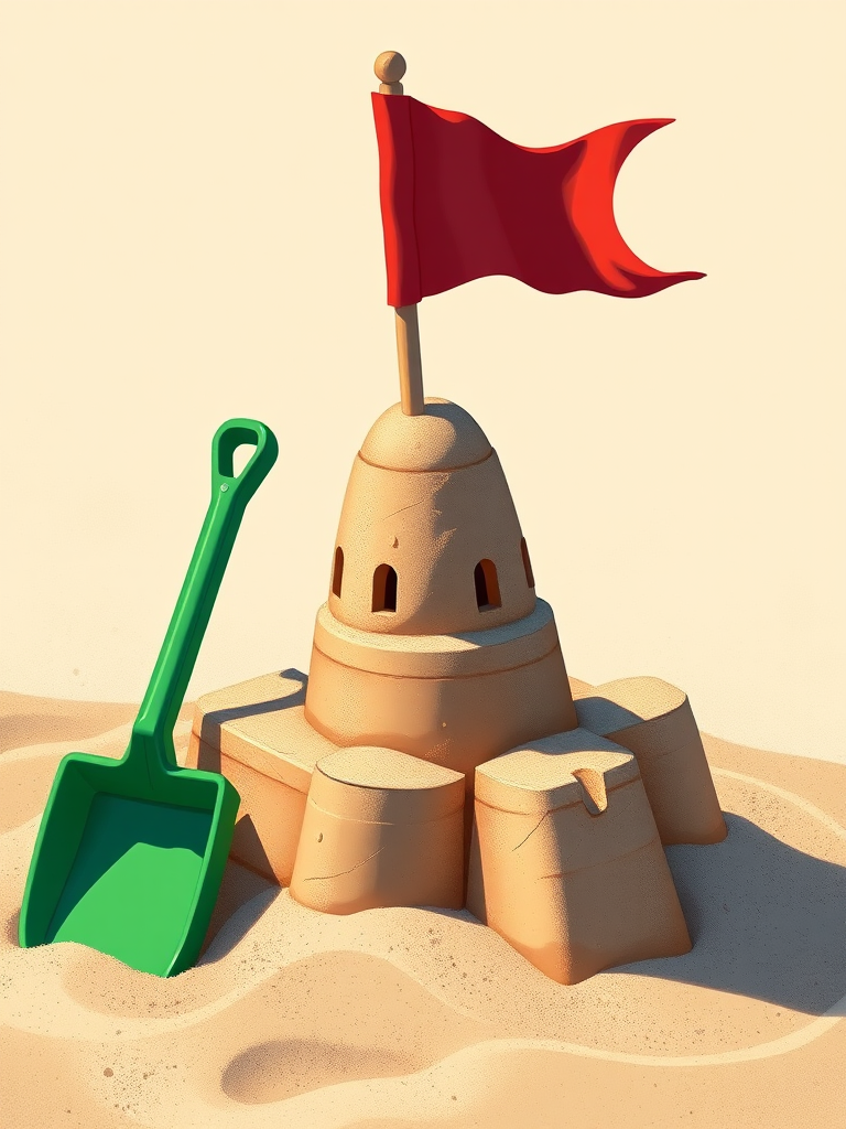 Create a detailed illustration of a sandcastle with a red flag on top, accompanied by a green shovel, captured in a high-resolution digital art style, using a 50mm lens, f/1.8 aperture, and natural lighting to enhance the colors and textures.