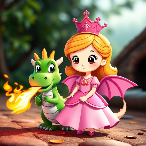Create a whimsical cartoon scene featuring a cute princess in a pink dress with a crown and a friendly green dragon breathing fire, using a vibrant color palette, shot with a DSLR camera at f/2.8 aperture, ISO 100, 35mm focal length, with a bright, soft focus background to enhance the characters.