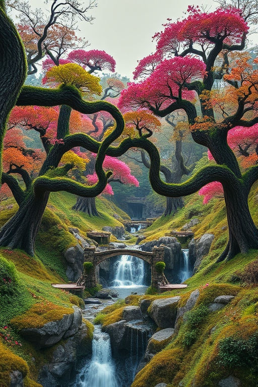Create a fantastical landscape depicting an enchanted forest with whimsical trees, a small bridge, and a waterfall, captured with a Canon EOS R5, 24mm lens, f/2.8 aperture, ISO 100, in vibrant colors and high dynamic range.