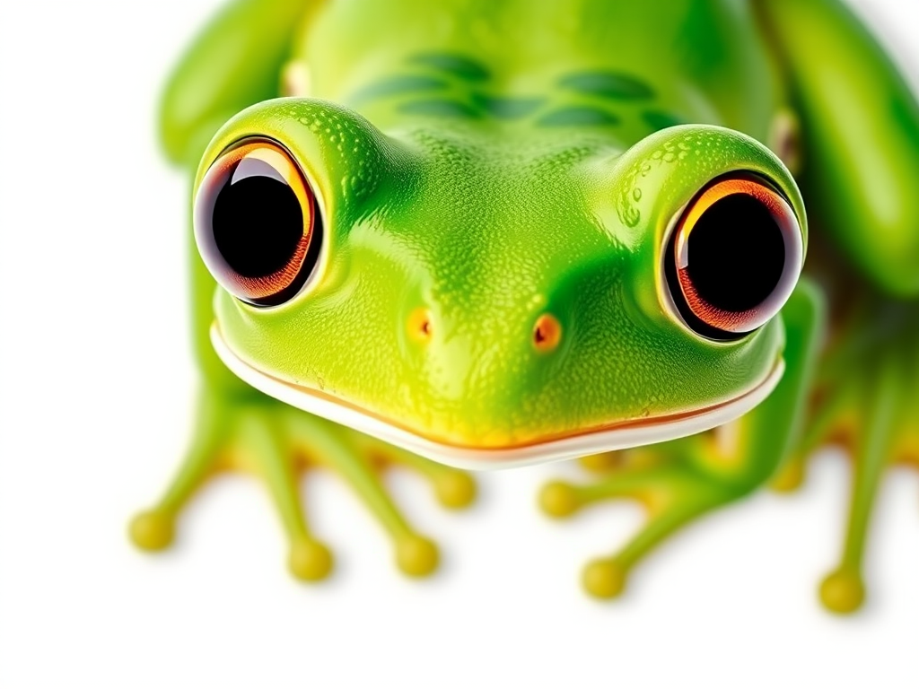 Create a vibrant cartoon image of a green frog with large eyes, set against a plain white background, using a Canon EOS R5 camera, 50mm lens, aperture f/1.8, ISO 100, shallow depth of field, top-down view, high contrast and bright colors to enhance image quality.