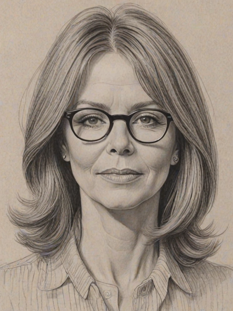 Enticing Diane Keaton, pencil sketch, portrait of Ravishing woman 1966s in glasses, hair style beatnik, outline, clear lines, fine lines, 8k