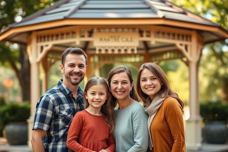 Portrait of a family of four in a park under a beautiful gazebo, natural lighting, shallow depth of field, f/2.8 aperture, 85mm lens, ISO 200, soft focus, vibrant colors, warm tones, Canon EOS R5.