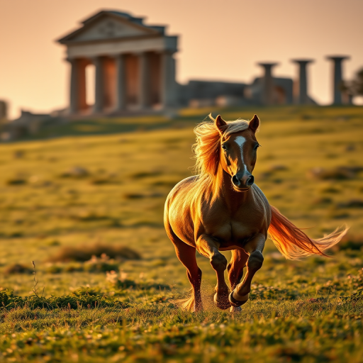 A majestic horse running in a lush green field with ancient ruins in the background during golden hour, captured with a Canon EOS R5, 85mm lens, f/1.8 aperture, ISO 100, soft focus to enhance details and depth.