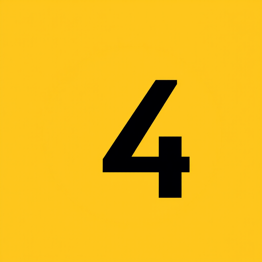 Create a high-resolution image of a yellow circle with a bold black number 4 in the center, using a DSLR camera, 50mm lens, aperture f/2.8, shutter speed 1/125s, and ISO 100 for optimal clarity and detail.