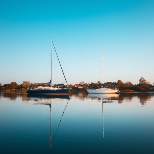 Regenerate the image of two sailboats on a calm river with reflections in the water under a clear blue sky, using a DSLR camera at f/8 aperture, ISO 100, 50mm lens, and a slightly elevated viewpoint to enhance detail and depth.
