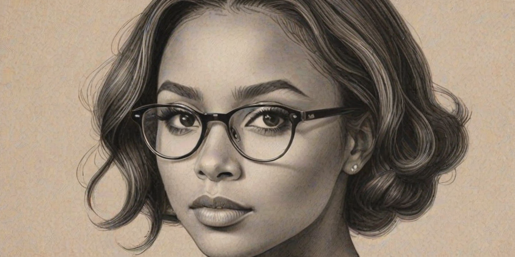 Pleasing Katerina Graham, pencil sketch, portrait of Stunning woman 1930s in glasses, hair style beatnik, outline, clear lines, fine lines, 8k