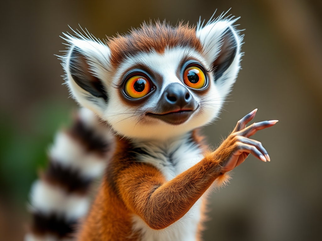 A playful lemur character with large expressive eyes, pointing to the right, showcasing its signature striped tail, captured with a DSLR camera at f/8 aperture, 50mm lens, natural lighting, with a focus on vibrant colors and sharp details.