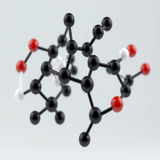 create a highly detailed 3D molecular model of a chemical structure with a focus on atoms represented as spheres with different colors (black, white, red, blue), background with a smooth gradient, camera settings: aperture f/5.6, shutter speed 1/60s, ISO 100, camera view: close-up, camera style: photorealistic, camera type: DSLR