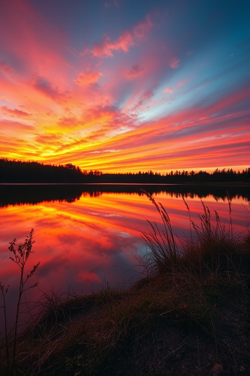 Create a high-resolution image of a scenic landscape during sunset with vibrant colors in the sky and a calm lake reflecting the colors, using a DSLR camera, 50mm lens, aperture f/1.8, ISO 100, shutter speed 1/200, shot from a low angle to capture the reflection, with a warm color palette and detailed foreground elements.