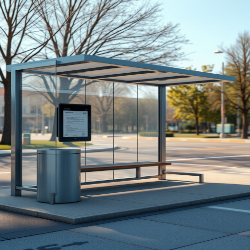 Create a highly detailed 3D rendering of a modern bus stop shelter with a bench and trash can, using a wide-angle lens with a focal length of 24mm, aperture set to f/8 for a sharp depth of field, ISO 100 for low noise, and soft natural lighting to enhance shadows and highlights.