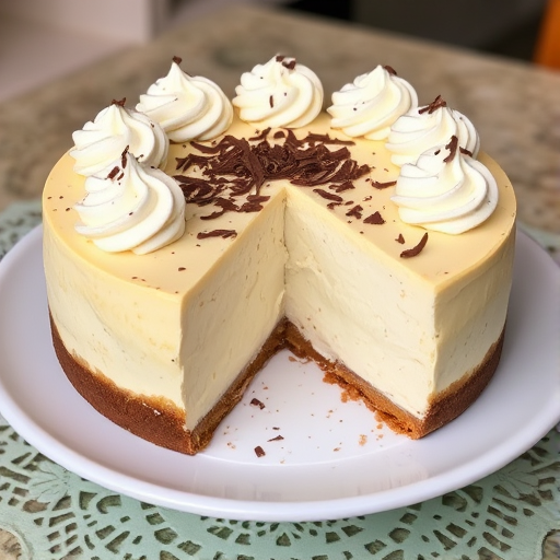 A delicious cheesecake with a smooth creamy topping decorated with swirls of whipped cream and a sprinkle of chocolate shavings on top displayed on a white plate with a light green lace underneath and a slice cut out revealing the layers of the cake with a blurred background.