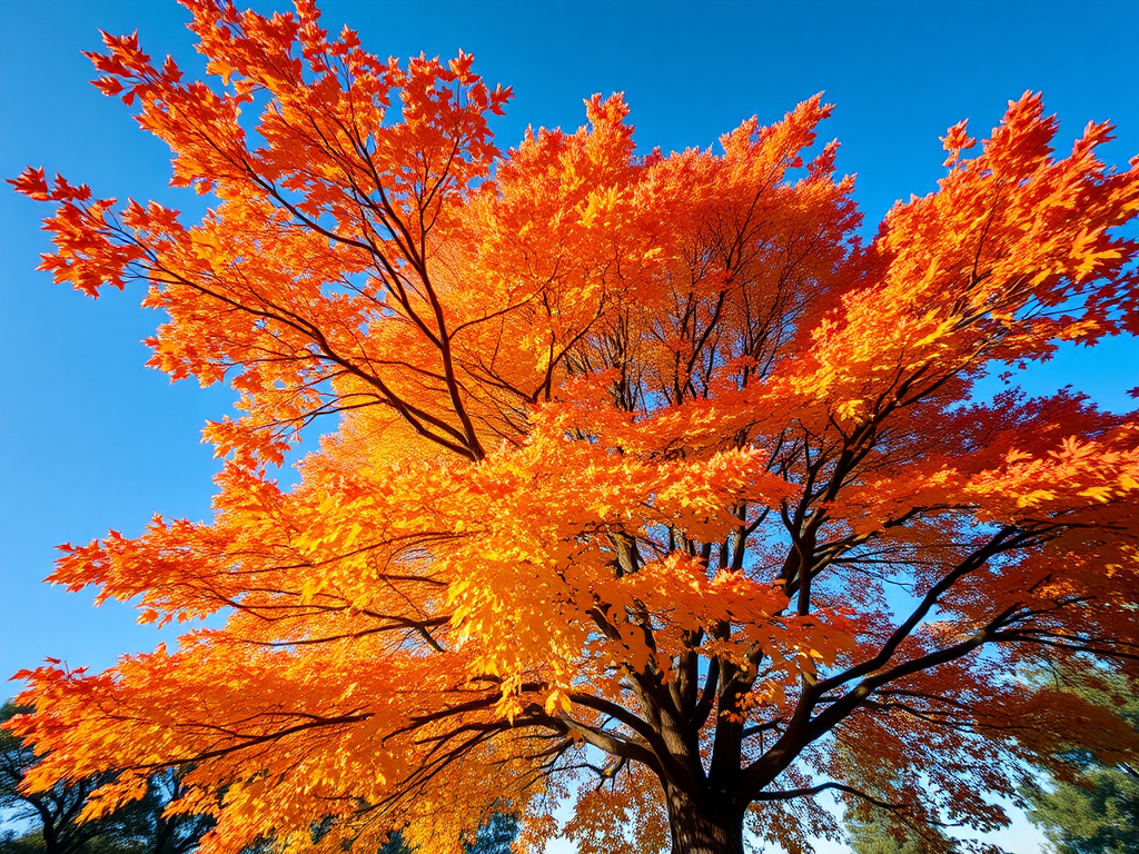 Create a vibrant, high-resolution image of a large autumn tree with bright orange and yellow leaves, captured with a DSLR camera using a 50mm lens at f/1.8, ISO 100, shutter speed 1/200s, in a soft focus style from a low angle perspective.