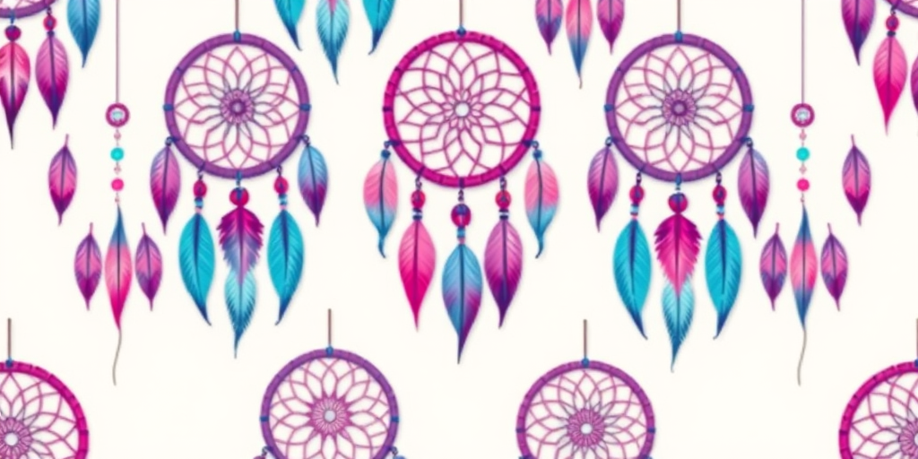 create a seamless pattern of colorful dreamcatchers in shades of blue, pink, and purple on a light background, high resolution, 300dpi, shot with a digital camera at f/8 aperture, ISO 100, 50mm lens, natural lighting, focus on vibrant colors and intricate details