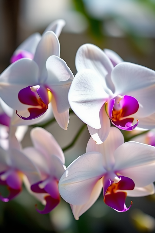 A close-up shot of a cluster of white orchids with purple accents, captured in natural light, with a shallow depth of field to blur the background, using a DSLR camera at f/2.8, 1/200s shutter speed, ISO 100, and a 50mm lens for vibrant colors and sharp details.