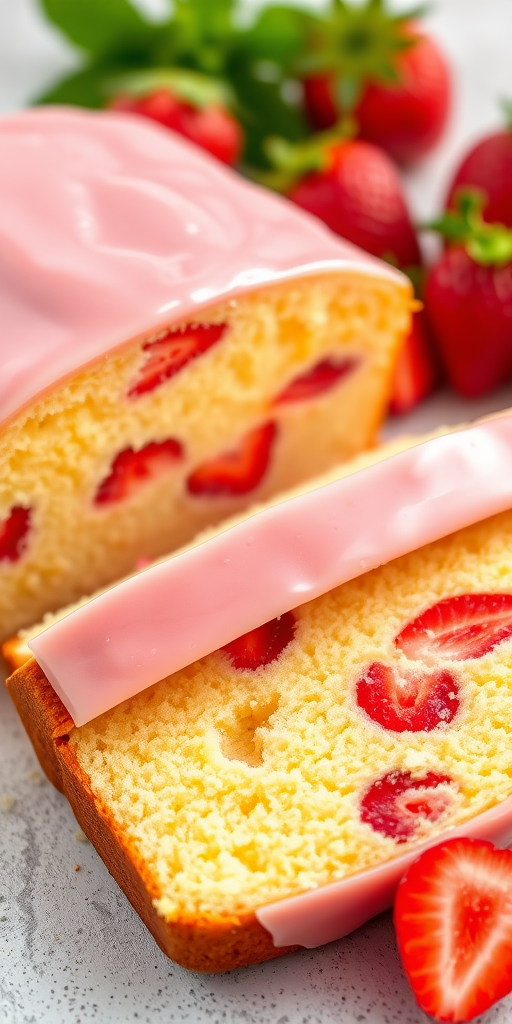 Create an image of a sliced loaf cake with a light yellow sponge and visible pieces of strawberries inside the cake. The top of the cake is glazed with a shiny pink icing, and the slices are arranged on a textured surface with some whole strawberries in the background. The setting should evoke a fresh and inviting dessert scene.
