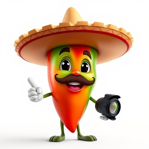 Create a illustration of a cartoon chili pepper wearing a sombrero and mustache, smiling and pointing, using a DSLR camera with a 50mm lens, aperture f/1.8, ISO 100, in a bright studio setting with soft lighting to enhance colors and details.