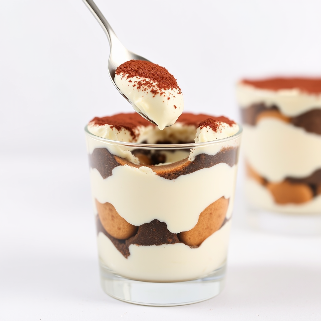 Create an image of a delicious tiramisu dessert in a clear glass. The dessert has layers of creamy mascarpone cheese and coffee-soaked ladyfingers, topped with a dusting of cocoa powder. A spoon is lifting a portion of the dessert, revealing the rich texture and layers inside. The background is minimalistic and light, emphasizing the dessert's appealing appearance.