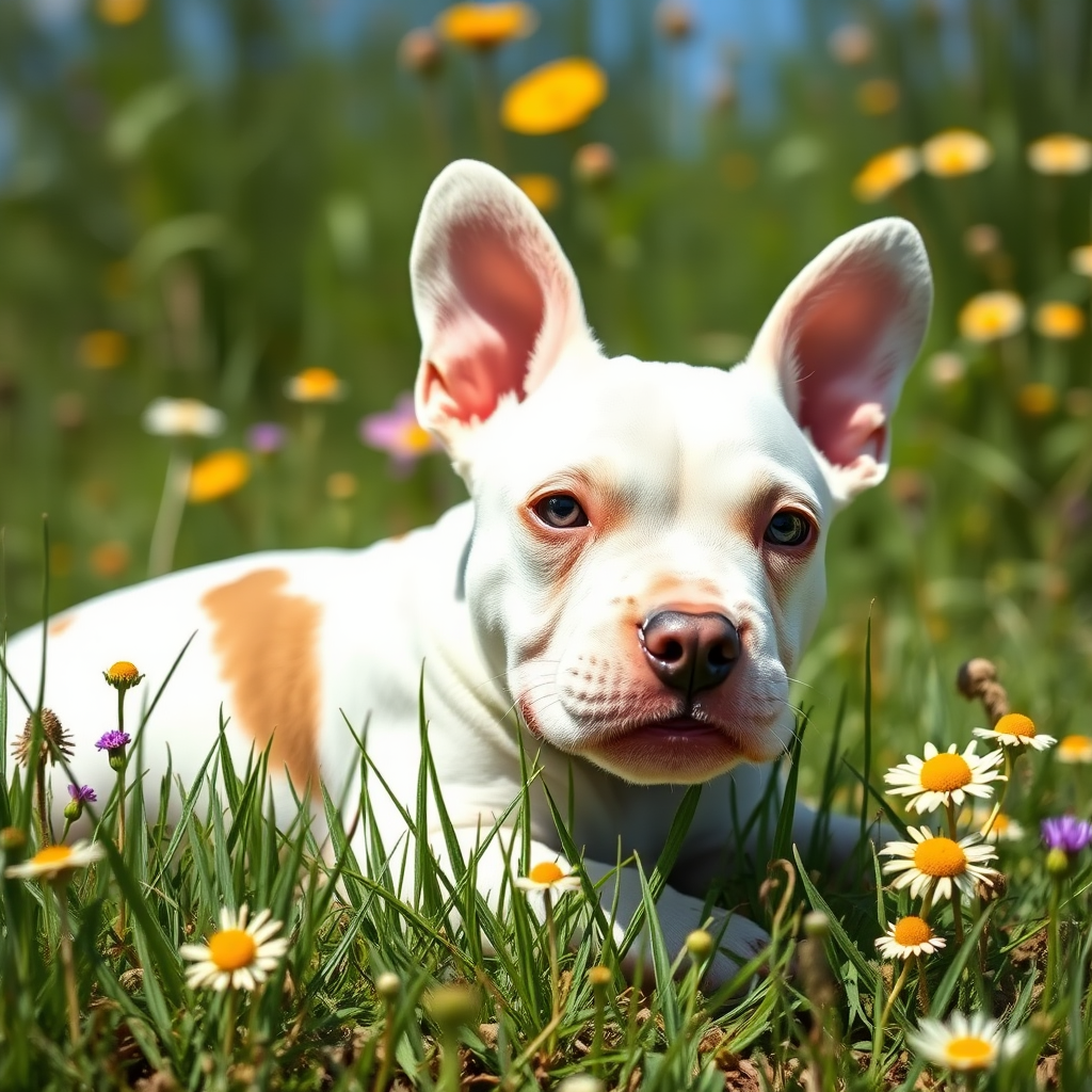 a whimsical fantasy image of a 1year old Exotic Micro Bullie dog whose white with tan spots, lying in the grass with Wildflowers all around her, blue skies and sunshine