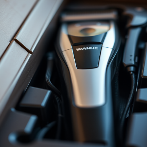 Close-up shot of a Wahl clipper resting in its box, captured with a 50mm f/1.8 lens at ISO 100, shutter speed 1/60s, natural lighting, macro photography style, DSLR camera.
