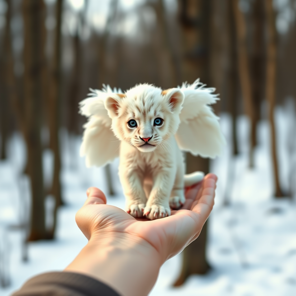 A small, white lion cub with angelic wings standing on a human hand. The cub has a soft, fluffy texture with detailed fur, expressive blue eyes, and a curious expression. The wings are large and feathery, blending seamlessly with its fur, giving an ethereal appearance. The background is a winter forest, with the ground covered in snow and blurred brown trees, creating a serene atmosphere. The human hand in the foreground is positioned palm-up, supporting the lion cub gently, fingers slightly curled. The lighting is soft and diffused, enhancing the tender and magical feel of the scene. Colors are predominantly neutral with white, cream, and soft browns, contrasting with the subtle blue of the lion cub's eyes. The overall composition is balanced, with the cub at the center, creating a focal point that draws the viewer's attention immediately.