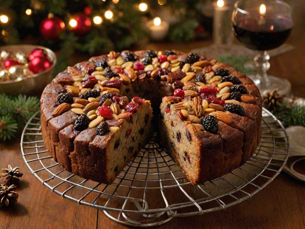 Generate an image of a beautifully baked fruitcake. The cake should be round and have a rich, dark appearance with visible pieces of dried fruits and nuts. It is placed on a wire rack, surrounded by a cozy kitchen setting with warm lighting. Include some festive decorations like twinkling lights in the background and a glass of red wine nearby.