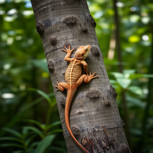 Lizard climbing a tree trunk in a lush green environment, depth of field focus, natural light, shot with a DSLR camera at f/2.8, 1/125s, ISO 200, 50mm lens.