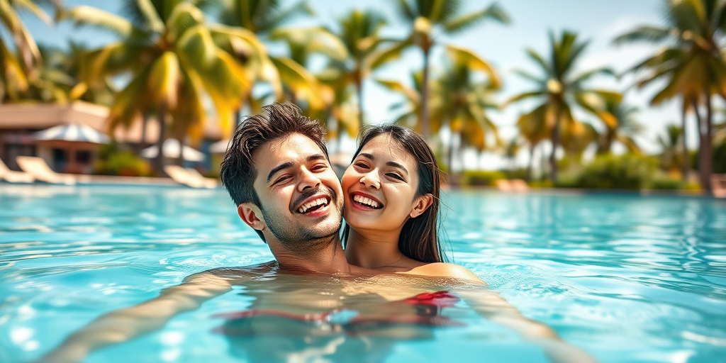 couple enjoying a joyful moment in a clear blue pool surrounded by palm trees, bright sunlight, close-up focus, aperture f/2.8, ISO 100, shutter speed 1/200, taken with a DSLR camera, vibrant colors, shallow depth of field