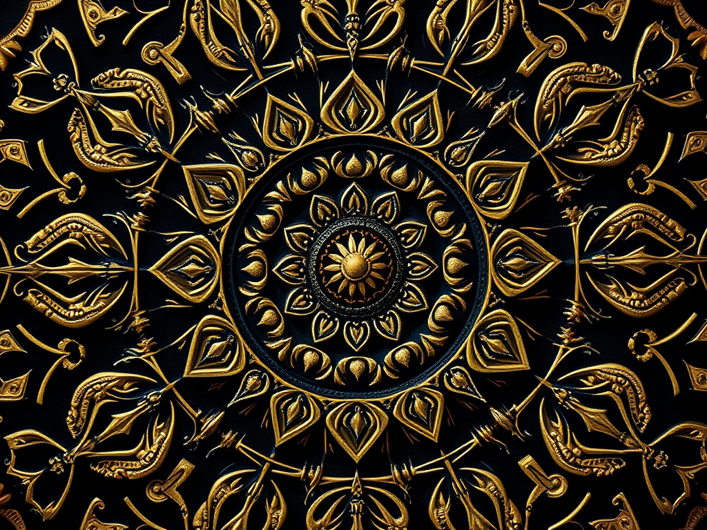 Create an intricate gold and black mandala pattern featuring ornate details and symmetrical designs, captured with a Canon EOS R5 at f/8, 1/200s, ISO 100, with a macro lens in a top-down view to enhance texture and detail.